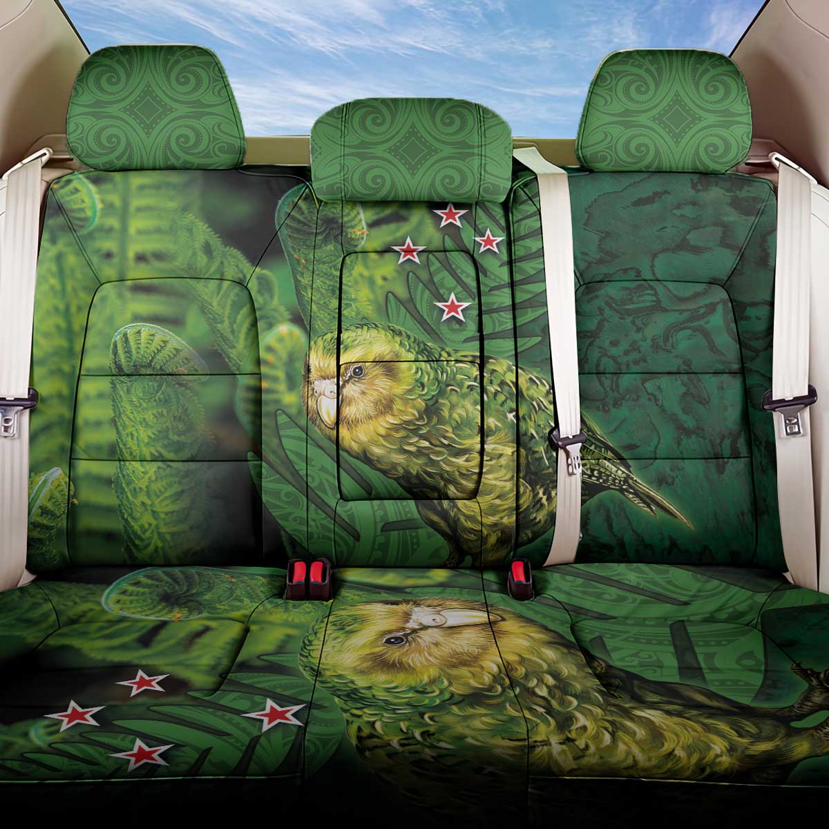 New Zealand Kkp Back Car Seat Cover Silver Fern with Close up of Green Fern Leaves and Maori Tattoo LT03 One Size Green - Polynesian Pride