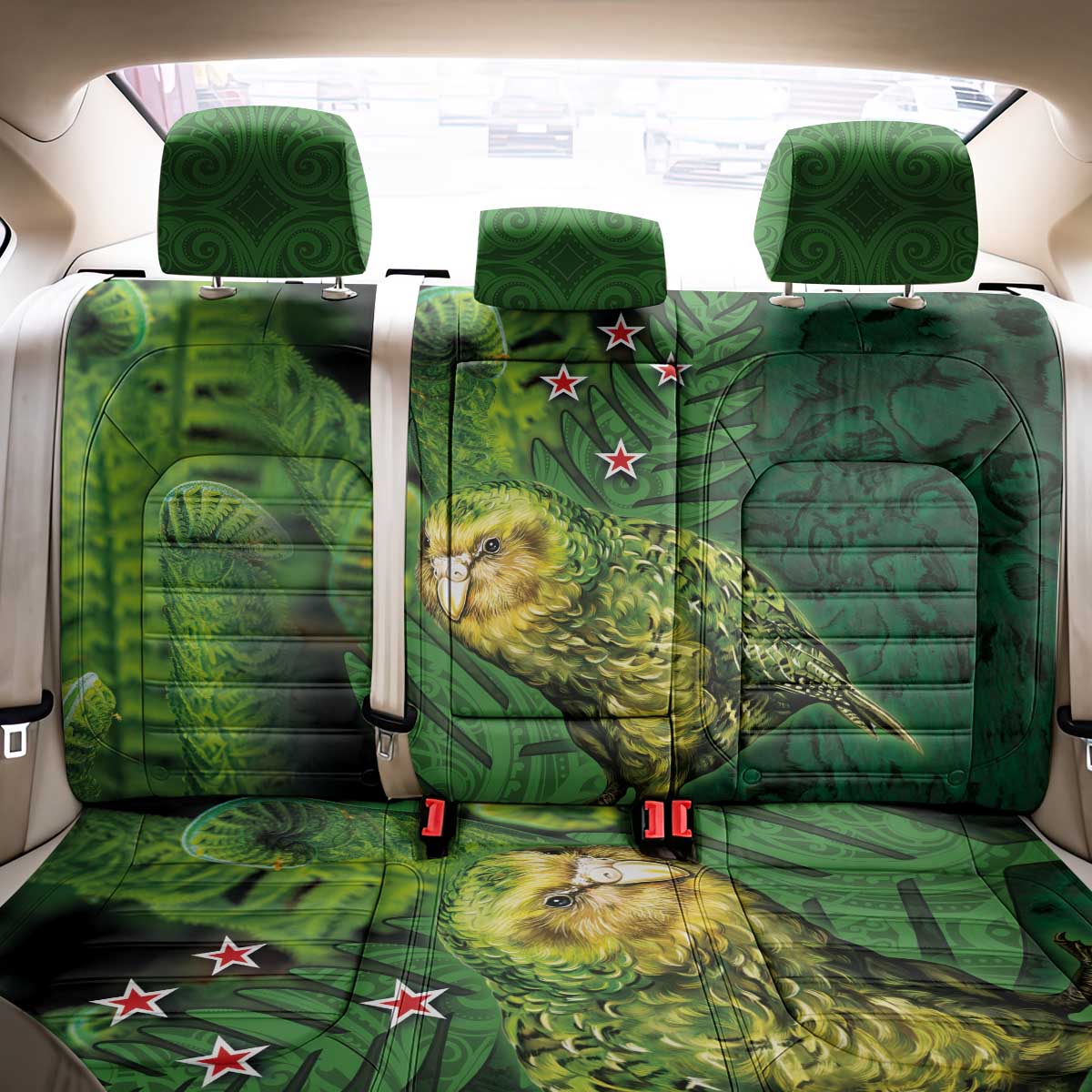 New Zealand Kkp Back Car Seat Cover Silver Fern with Close up of Green Fern Leaves and Maori Tattoo LT03 - Polynesian Pride