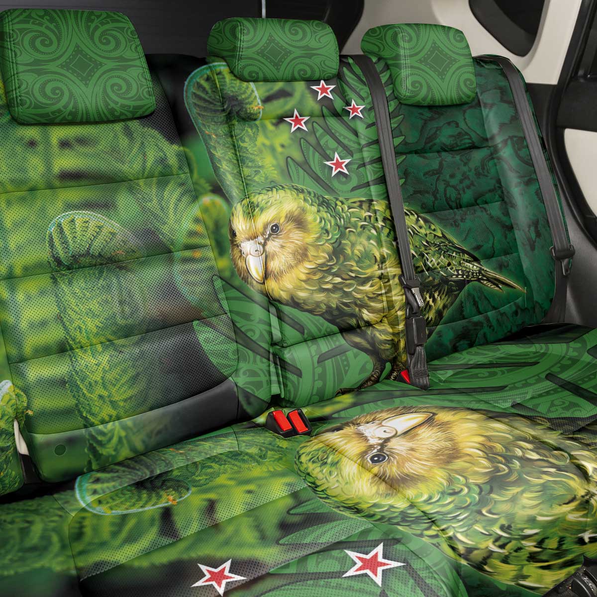 New Zealand Kkp Back Car Seat Cover Silver Fern with Close up of Green Fern Leaves and Maori Tattoo LT03 - Polynesian Pride
