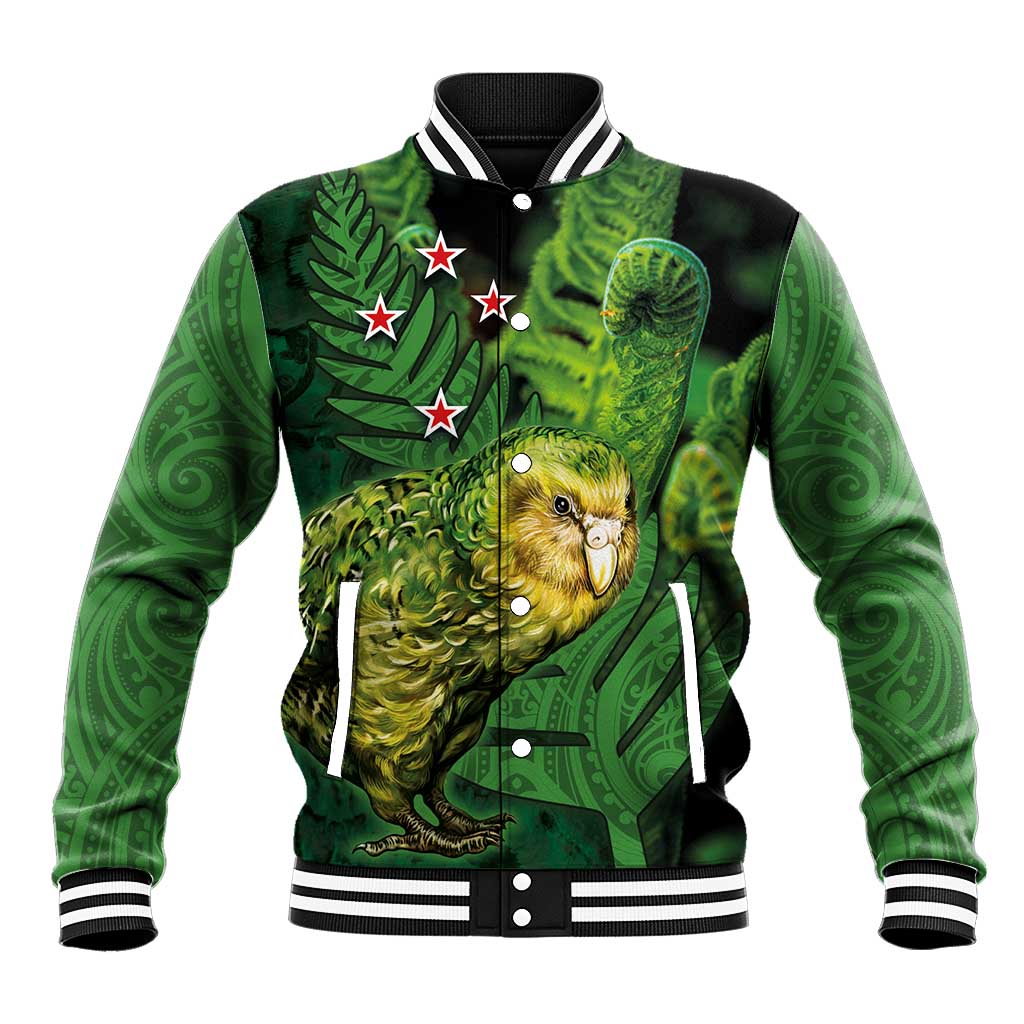 New Zealand Kkp Baseball Jacket Silver Fern with Close up of Green Fern Leaves and Maori Tattoo LT03 Unisex Green - Polynesian Pride