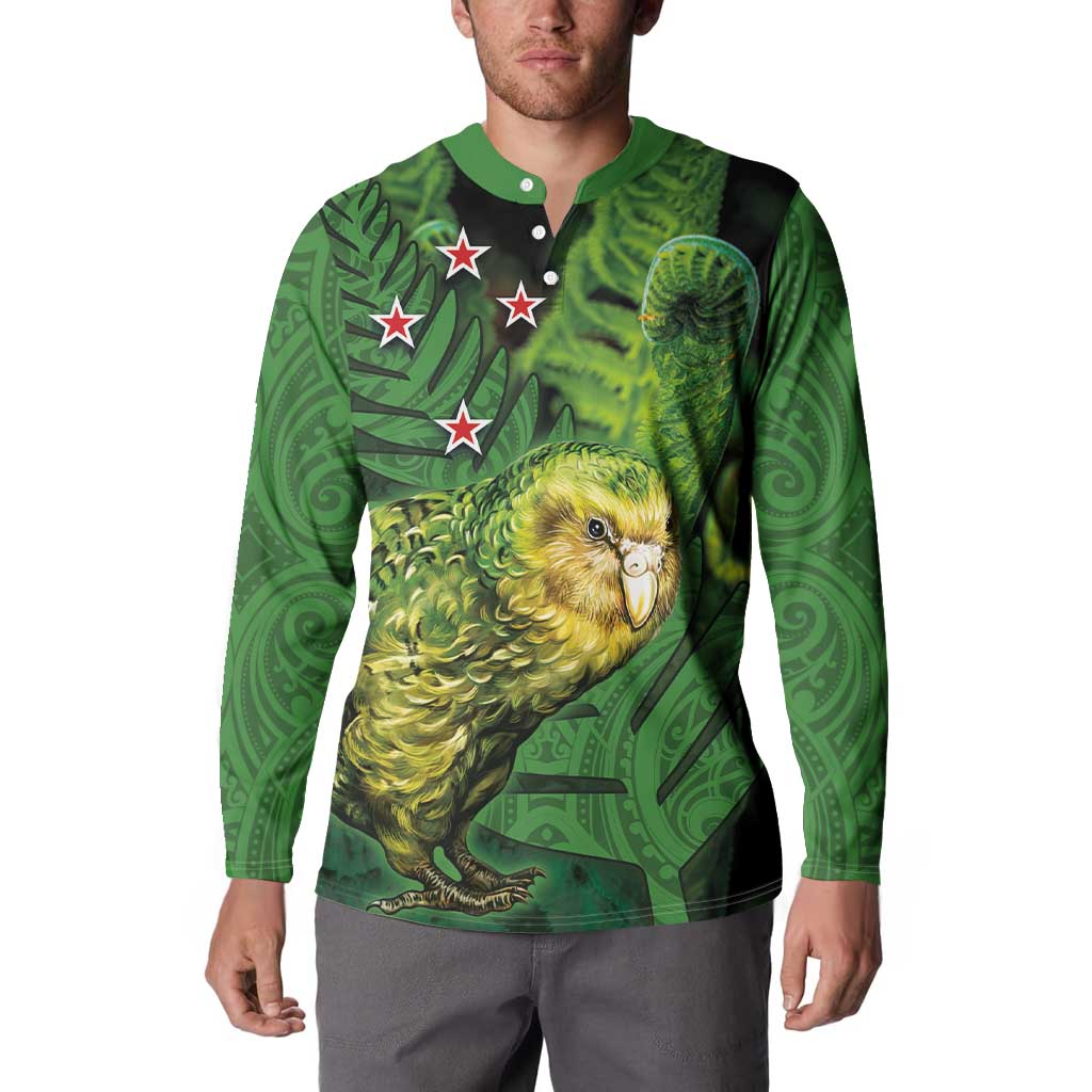 New Zealand Kkp Button Sweatshirt Silver Fern with Close up of Green Fern Leaves and Maori Tattoo LT03 - Polynesian Pride