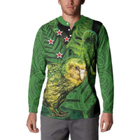 New Zealand Kkp Button Sweatshirt Silver Fern with Close up of Green Fern Leaves and Maori Tattoo LT03 - Polynesian Pride
