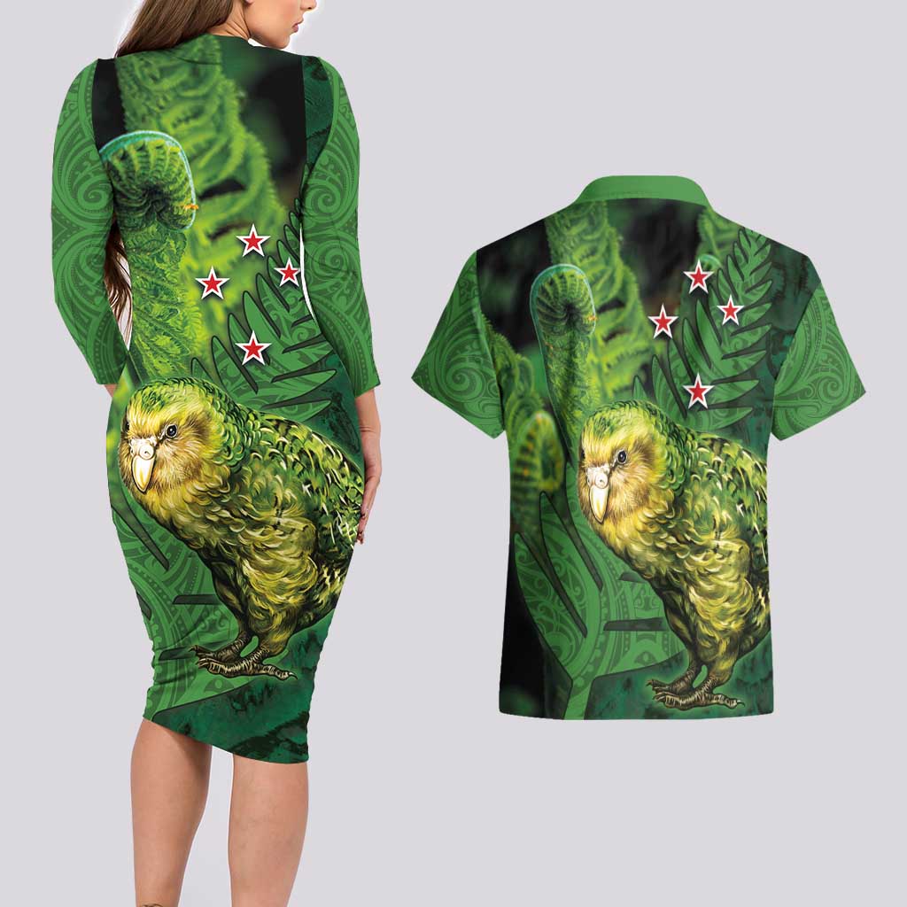New Zealand Kkp Couples Matching Long Sleeve Bodycon Dress and Hawaiian Shirt Silver Fern with Close up of Green Fern Leaves and Maori Tattoo LT03 - Polynesian Pride
