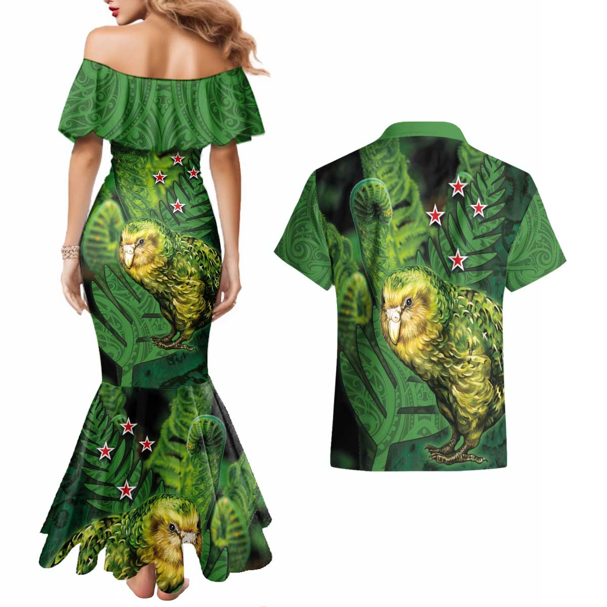 New Zealand Kkp Couples Matching Mermaid Dress and Hawaiian Shirt Silver Fern with Close up of Green Fern Leaves and Maori Tattoo LT03 - Polynesian Pride
