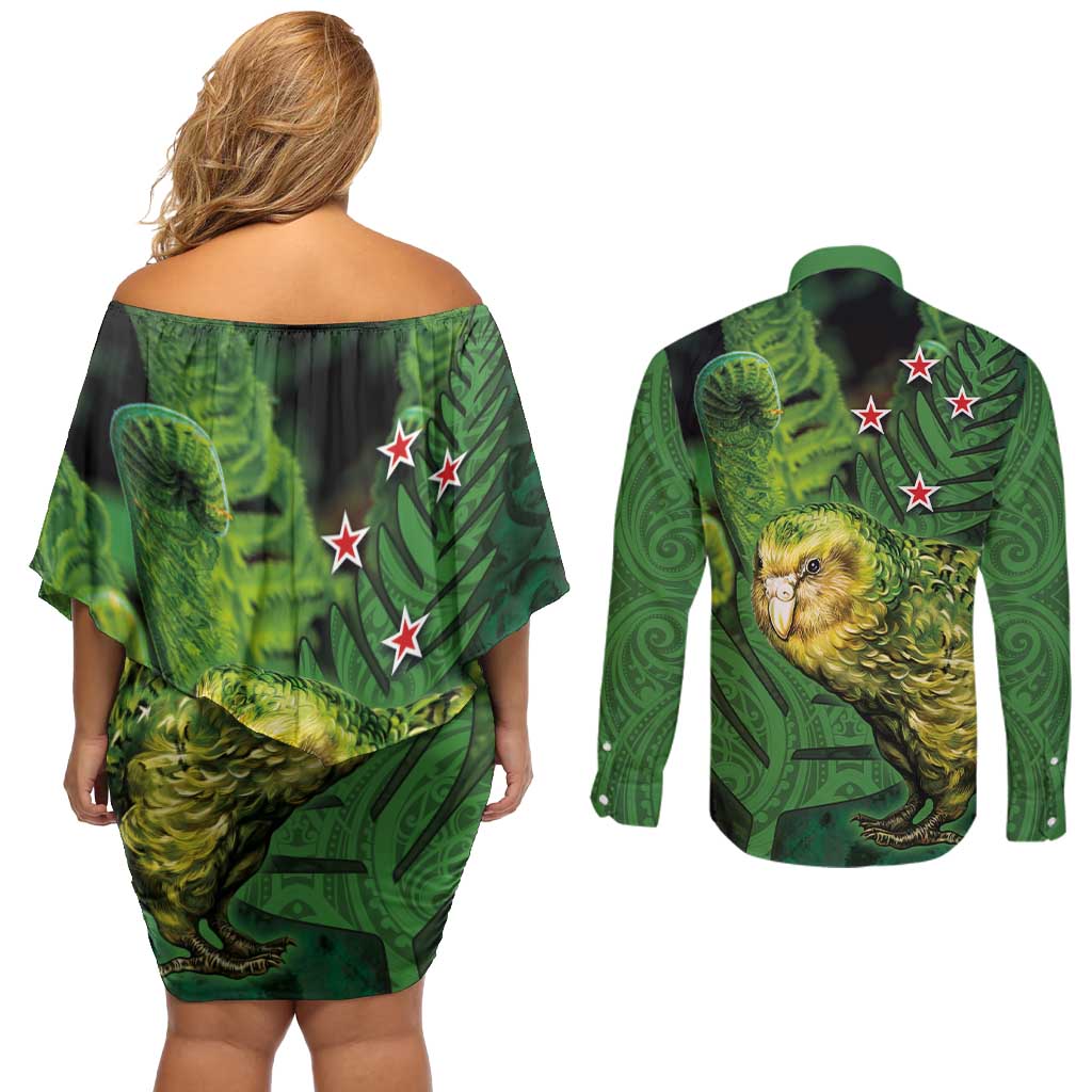 New Zealand Kkp Couples Matching Off Shoulder Short Dress and Long Sleeve Button Shirt Silver Fern with Close up of Green Fern Leaves and Maori Tattoo LT03 - Polynesian Pride