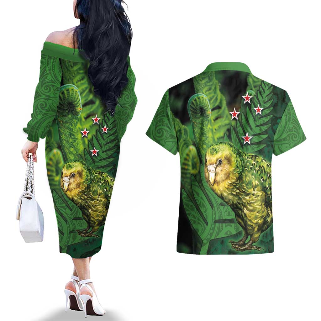 New Zealand Kkp Couples Matching Off The Shoulder Long Sleeve Dress and Hawaiian Shirt Silver Fern with Close up of Green Fern Leaves and Maori Tattoo LT03 - Polynesian Pride