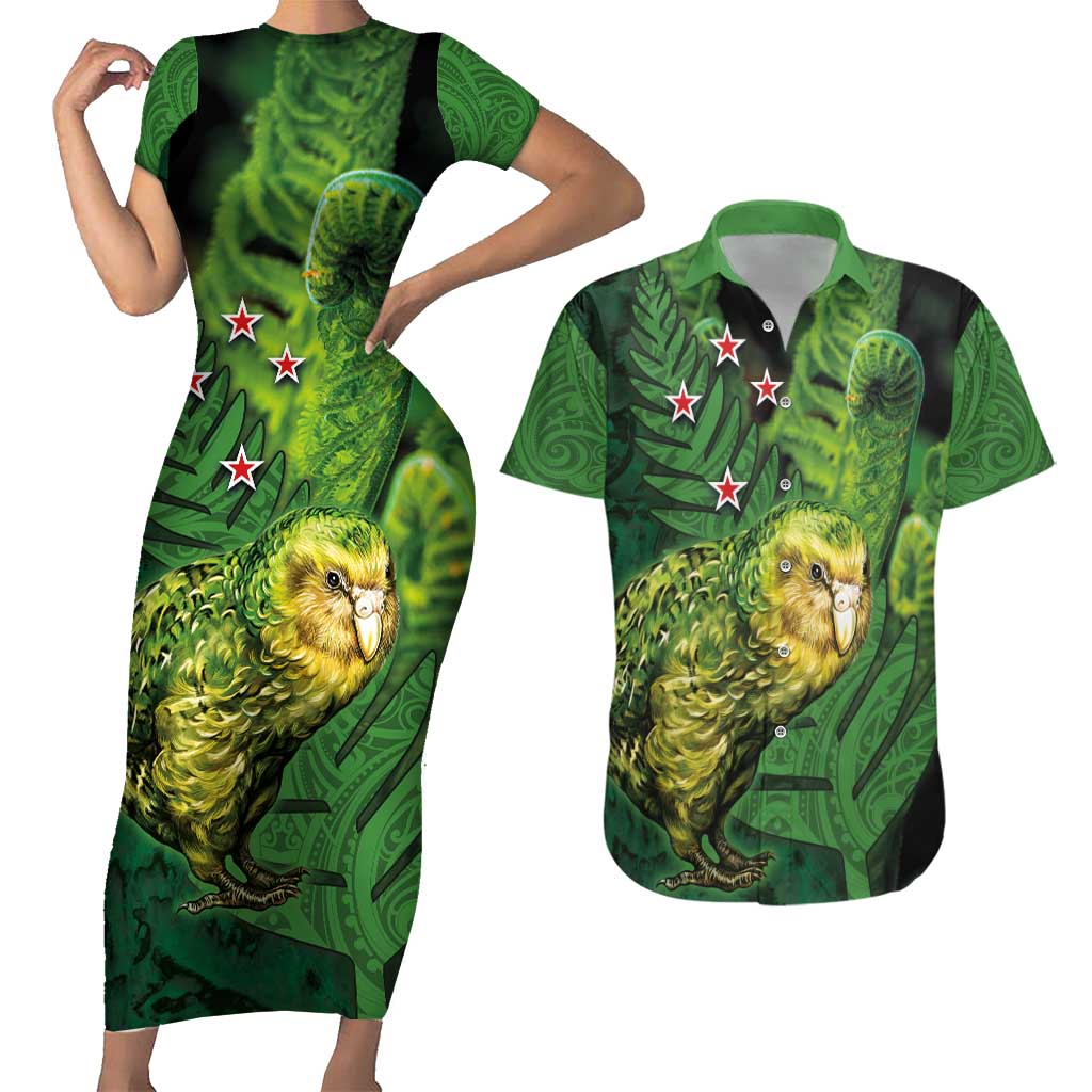 New Zealand Kkp Couples Matching Short Sleeve Bodycon Dress and Hawaiian Shirt Silver Fern with Close up of Green Fern Leaves and Maori Tattoo LT03 Green - Polynesian Pride