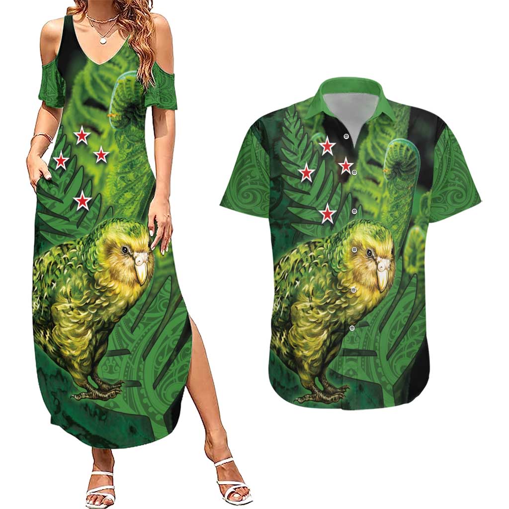 New Zealand Kkp Couples Matching Summer Maxi Dress and Hawaiian Shirt Silver Fern with Close up of Green Fern Leaves and Maori Tattoo LT03 Green - Polynesian Pride
