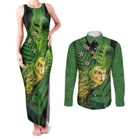 New Zealand Kkp Couples Matching Tank Maxi Dress and Long Sleeve Button Shirt Silver Fern with Close up of Green Fern Leaves and Maori Tattoo LT03 Green - Polynesian Pride