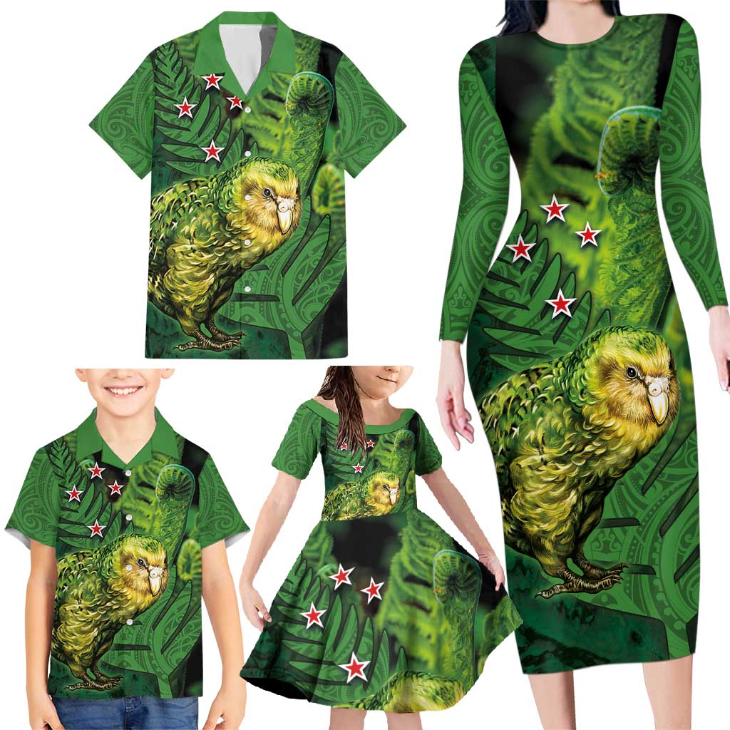 New Zealand Kkp Family Matching Long Sleeve Bodycon Dress and Hawaiian Shirt Silver Fern with Close up of Green Fern Leaves and Maori Tattoo LT03 - Polynesian Pride