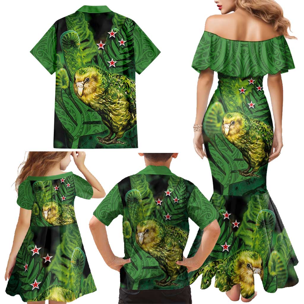 New Zealand Kkp Family Matching Mermaid Dress and Hawaiian Shirt Silver Fern with Close up of Green Fern Leaves and Maori Tattoo LT03 - Polynesian Pride