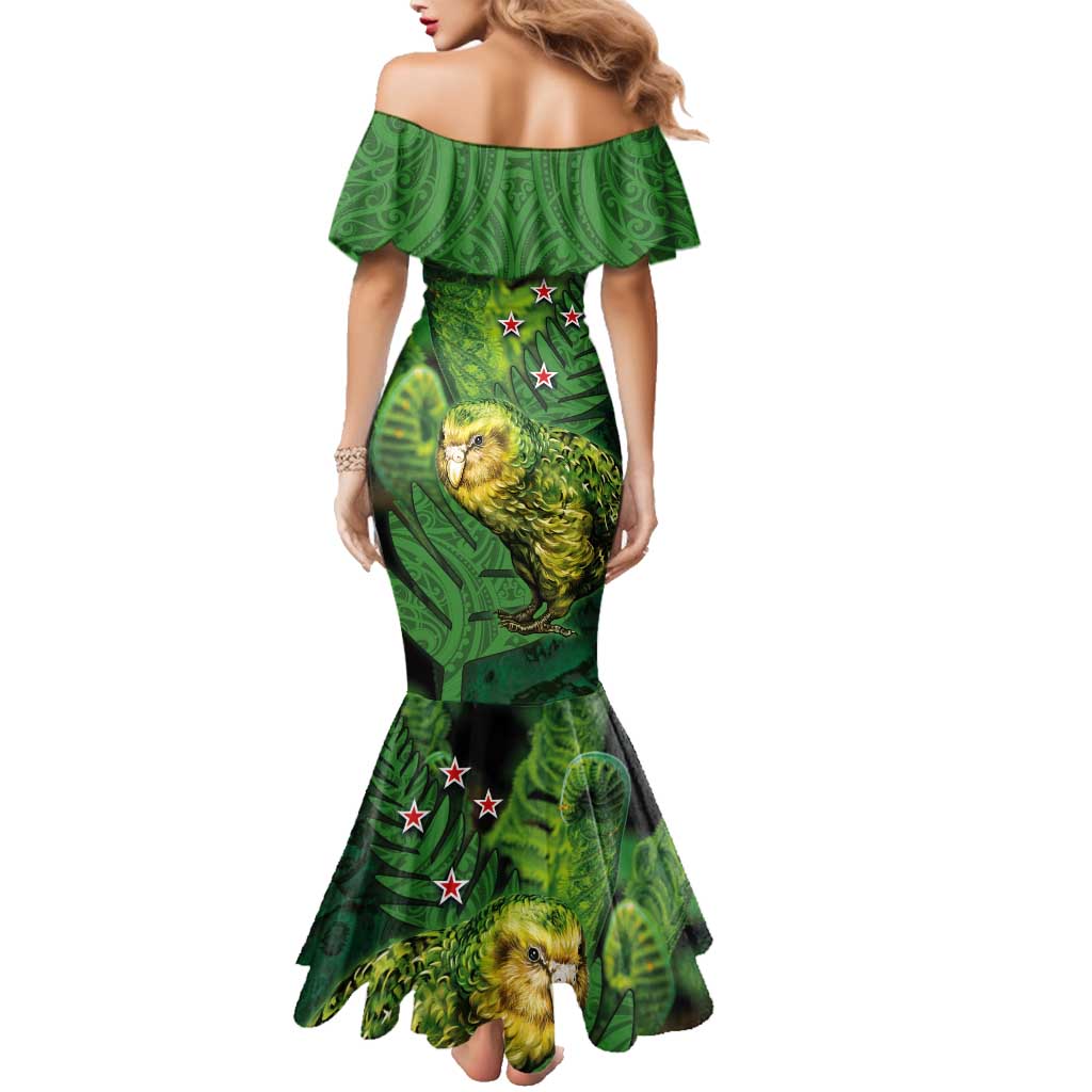 New Zealand Kkp Family Matching Mermaid Dress and Hawaiian Shirt Silver Fern with Close up of Green Fern Leaves and Maori Tattoo LT03 - Polynesian Pride