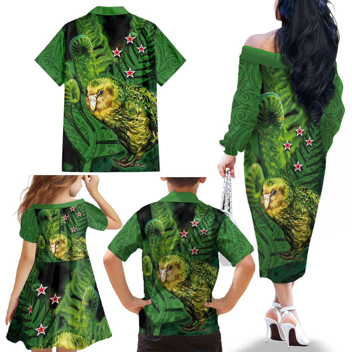 New Zealand Kkp Family Matching Off The Shoulder Long Sleeve Dress and Hawaiian Shirt Silver Fern with Close up of Green Fern Leaves and Maori Tattoo LT03 - Polynesian Pride