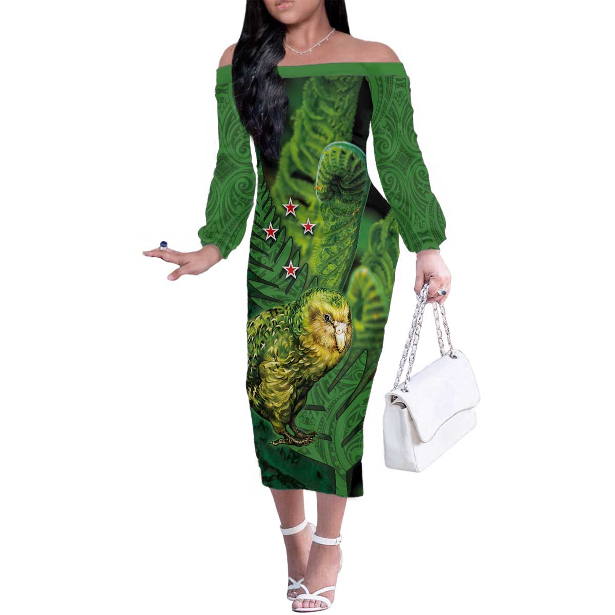 New Zealand Kkp Family Matching Off The Shoulder Long Sleeve Dress and Hawaiian Shirt Silver Fern with Close up of Green Fern Leaves and Maori Tattoo LT03 Mom's Dress Green - Polynesian Pride