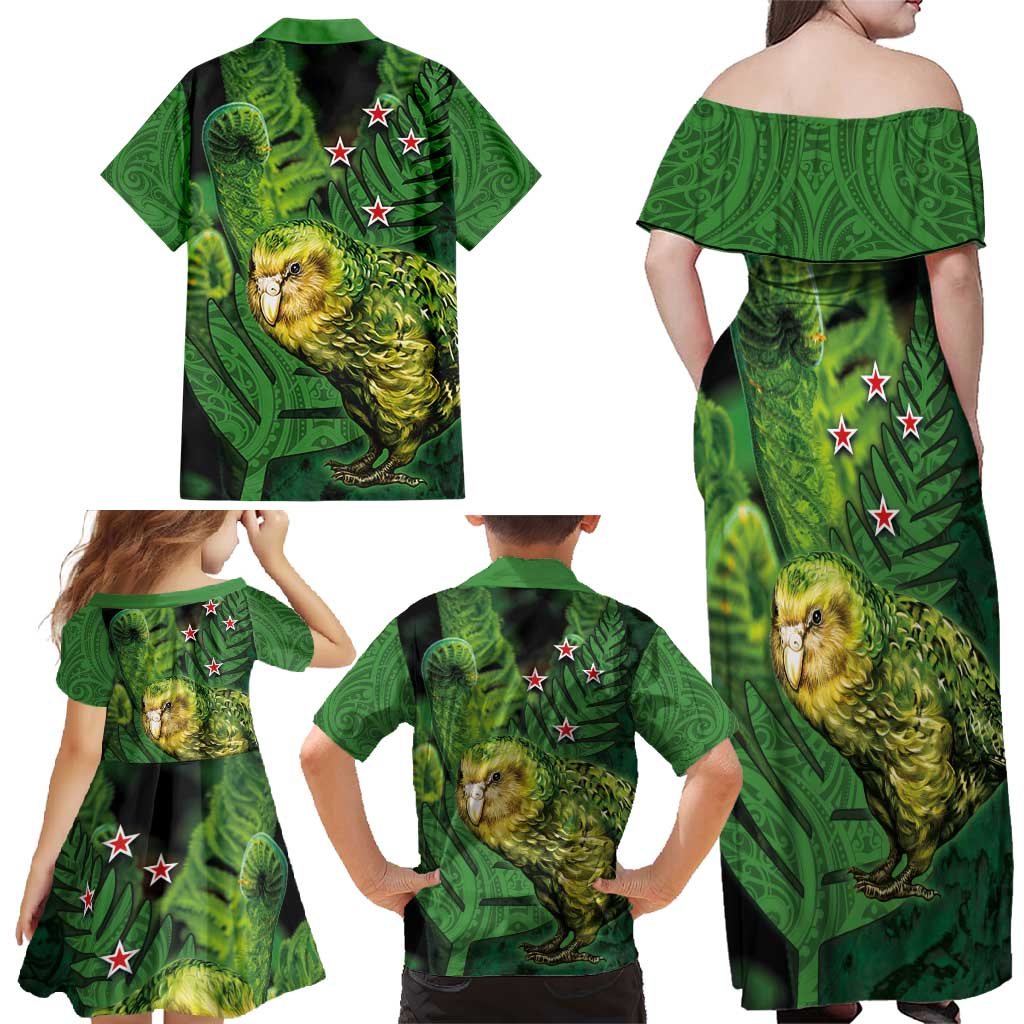 New Zealand Kkp Family Matching Off Shoulder Maxi Dress and Hawaiian Shirt Silver Fern with Close up of Green Fern Leaves and Maori Tattoo LT03 - Polynesian Pride