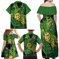 New Zealand Kkp Family Matching Off Shoulder Maxi Dress and Hawaiian Shirt Silver Fern with Close up of Green Fern Leaves and Maori Tattoo LT03 - Polynesian Pride