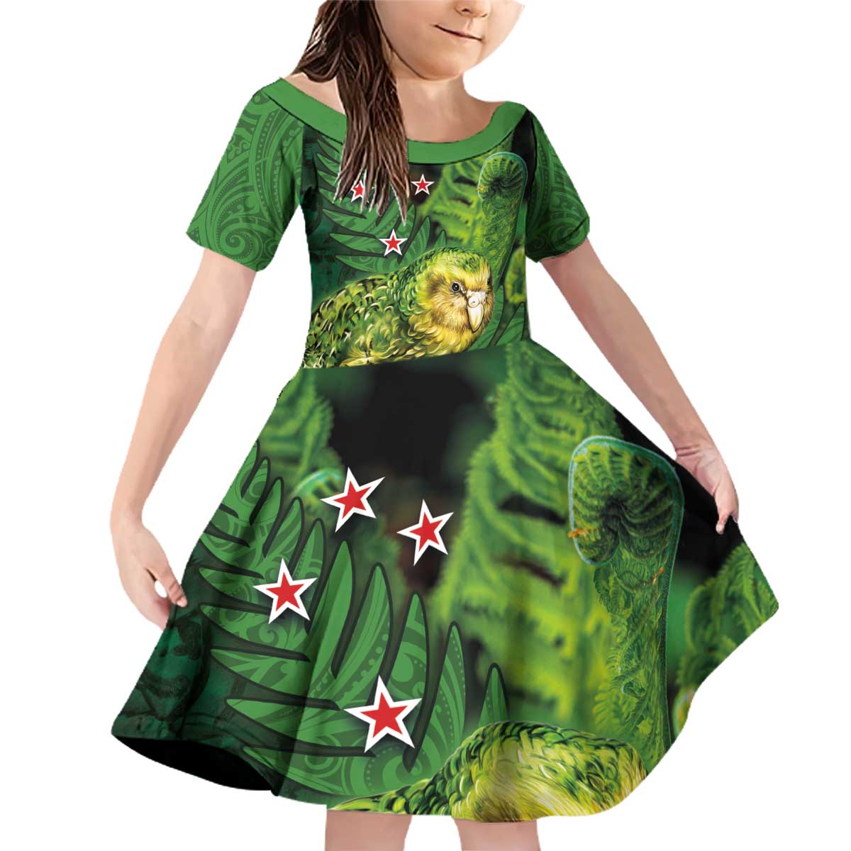 New Zealand Kkp Family Matching Off Shoulder Short Dress and Hawaiian Shirt Silver Fern with Close up of Green Fern Leaves and Maori Tattoo LT03 Daughter's Dress Green - Polynesian Pride