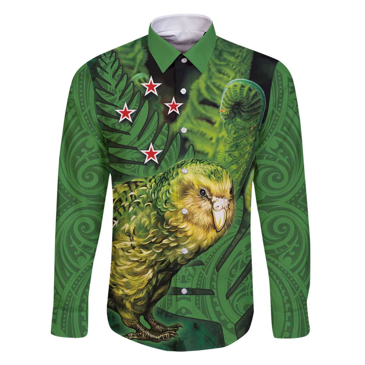 New Zealand Kkp Family Matching Off Shoulder Short Dress and Hawaiian Shirt Silver Fern with Close up of Green Fern Leaves and Maori Tattoo LT03 Dad's Shirt - Long Sleeve Green - Polynesian Pride