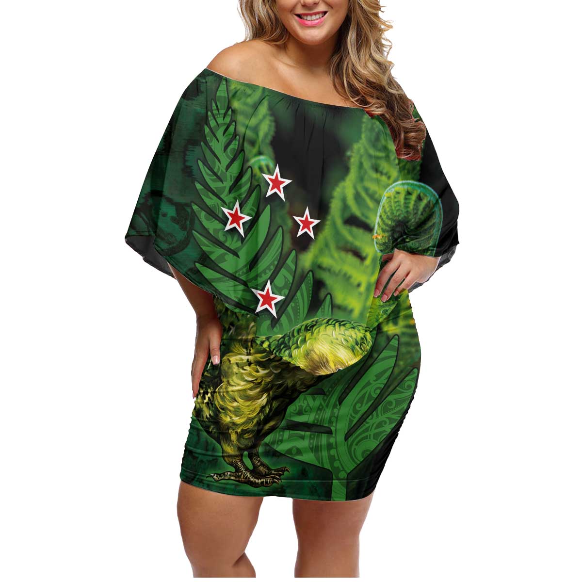 New Zealand Kkp Family Matching Off Shoulder Short Dress and Hawaiian Shirt Silver Fern with Close up of Green Fern Leaves and Maori Tattoo LT03 Mom's Dress Green - Polynesian Pride
