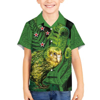 New Zealand Kkp Family Matching Off Shoulder Short Dress and Hawaiian Shirt Silver Fern with Close up of Green Fern Leaves and Maori Tattoo LT03 Son's Shirt Green - Polynesian Pride