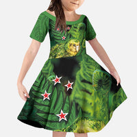 New Zealand Kkp Family Matching Short Sleeve Bodycon Dress and Hawaiian Shirt Silver Fern with Close up of Green Fern Leaves and Maori Tattoo LT03 Daughter's Dress Green - Polynesian Pride