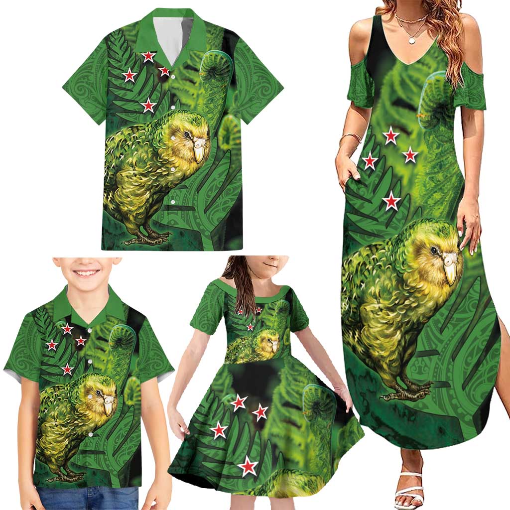 New Zealand Kkp Family Matching Summer Maxi Dress and Hawaiian Shirt Silver Fern with Close up of Green Fern Leaves and Maori Tattoo LT03 - Polynesian Pride