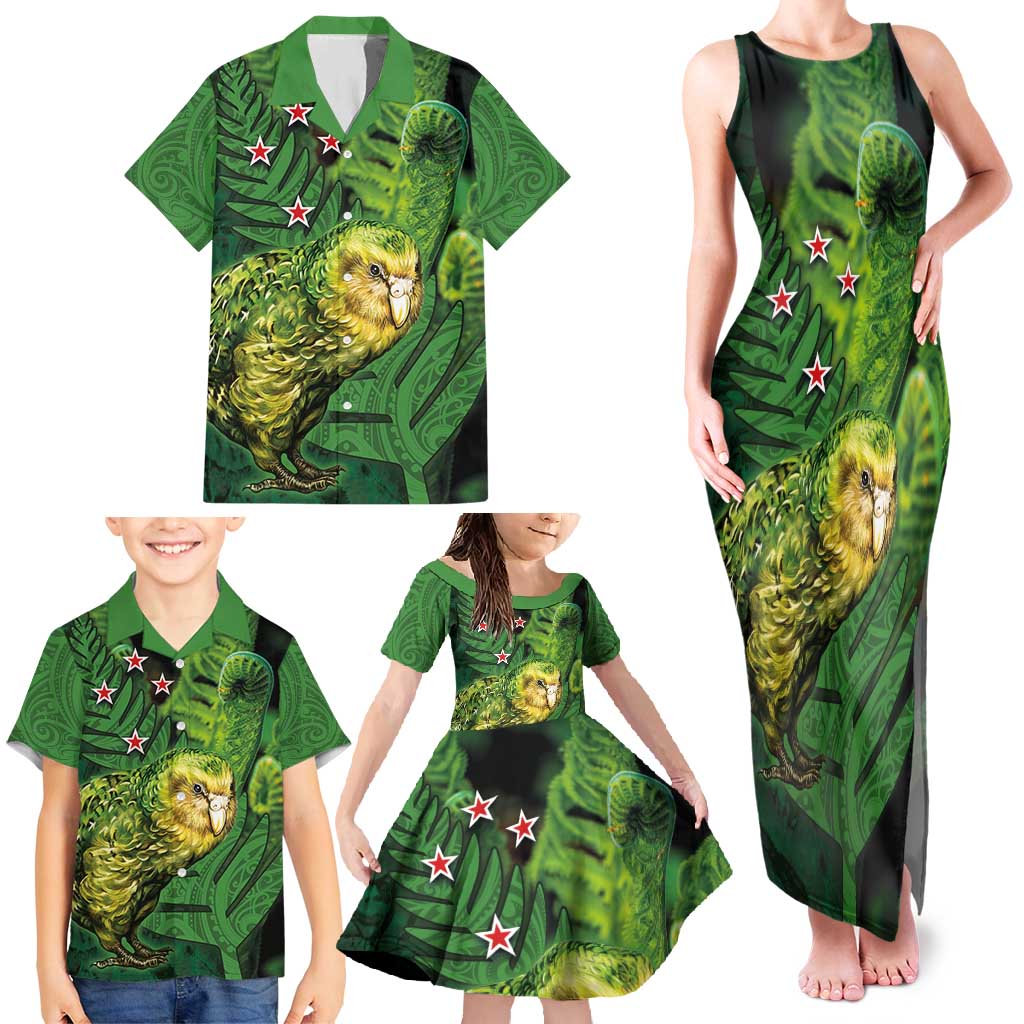 New Zealand Kkp Family Matching Tank Maxi Dress and Hawaiian Shirt Silver Fern with Close up of Green Fern Leaves and Maori Tattoo LT03 - Polynesian Pride