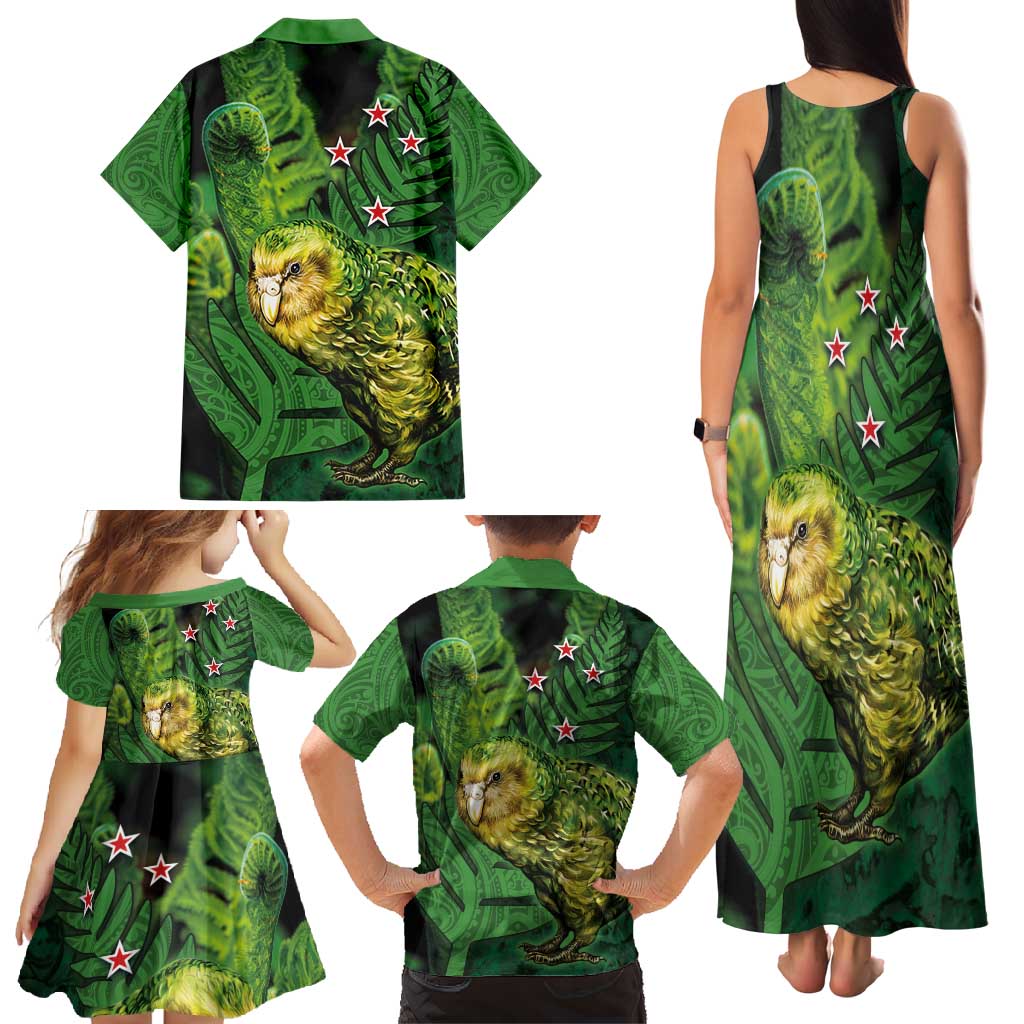 New Zealand Kkp Family Matching Tank Maxi Dress and Hawaiian Shirt Silver Fern with Close up of Green Fern Leaves and Maori Tattoo LT03 - Polynesian Pride