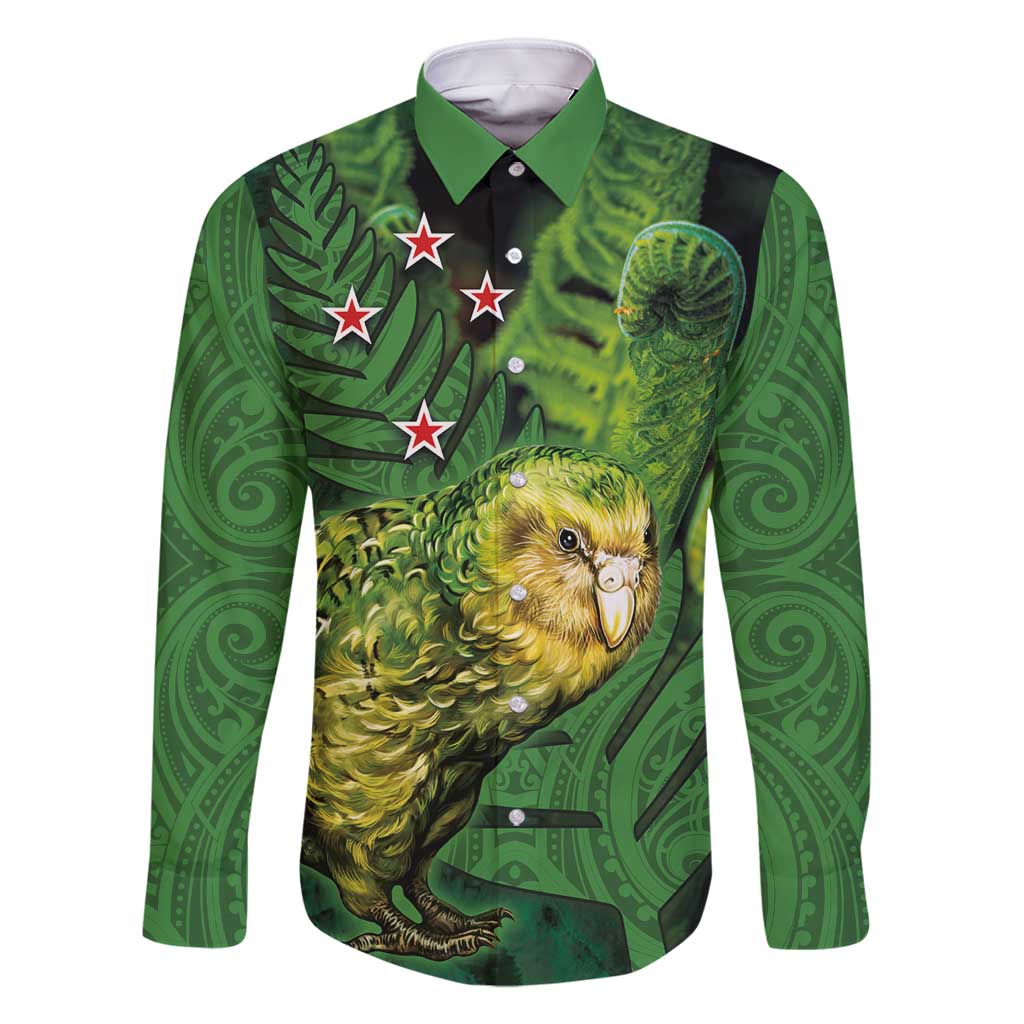 New Zealand Kkp Family Matching Tank Maxi Dress and Hawaiian Shirt Silver Fern with Close up of Green Fern Leaves and Maori Tattoo LT03 Dad's Shirt - Long Sleeve Green - Polynesian Pride