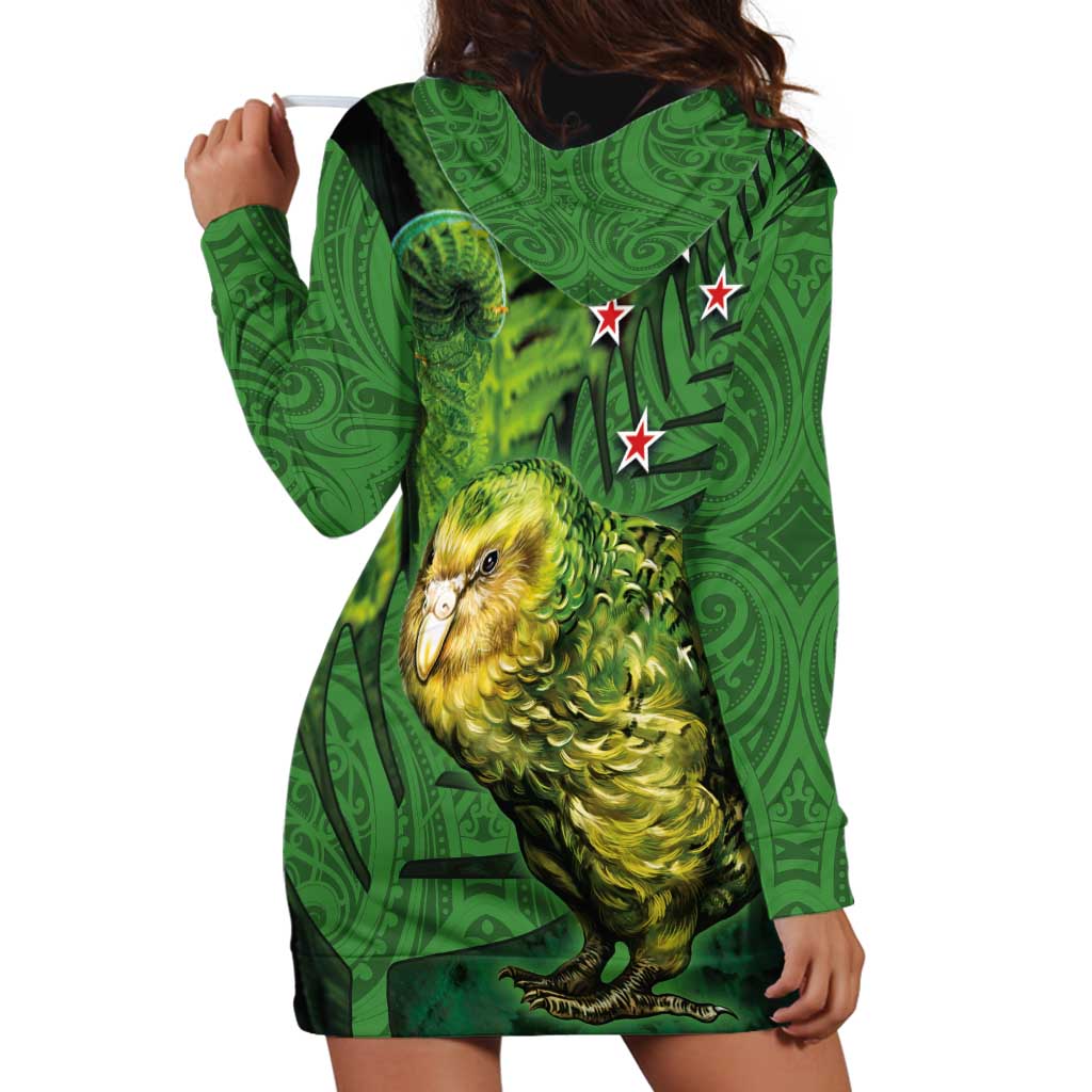 New Zealand Kkp Hoodie Dress Silver Fern with Close up of Green Fern Leaves and Maori Tattoo LT03 - Polynesian Pride