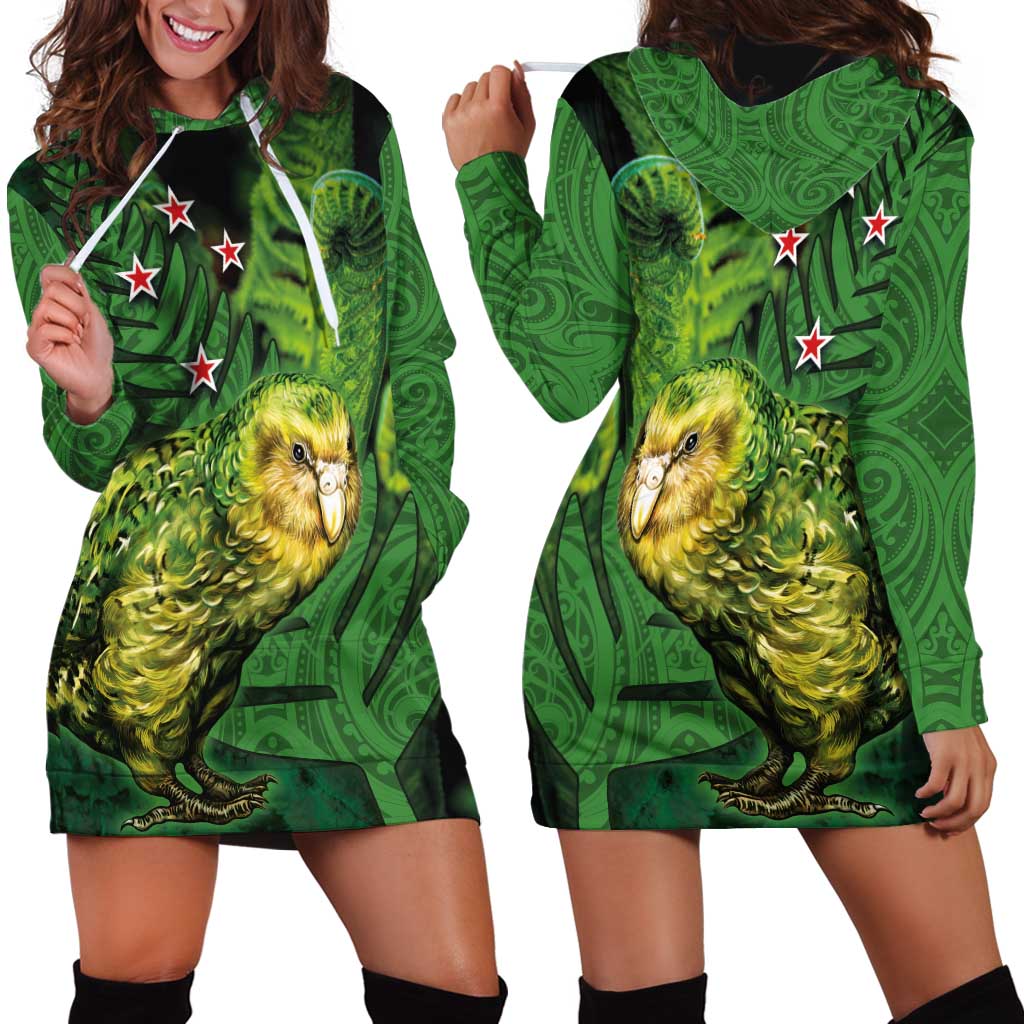 New Zealand Kkp Hoodie Dress Silver Fern with Close up of Green Fern Leaves and Maori Tattoo LT03 - Polynesian Pride