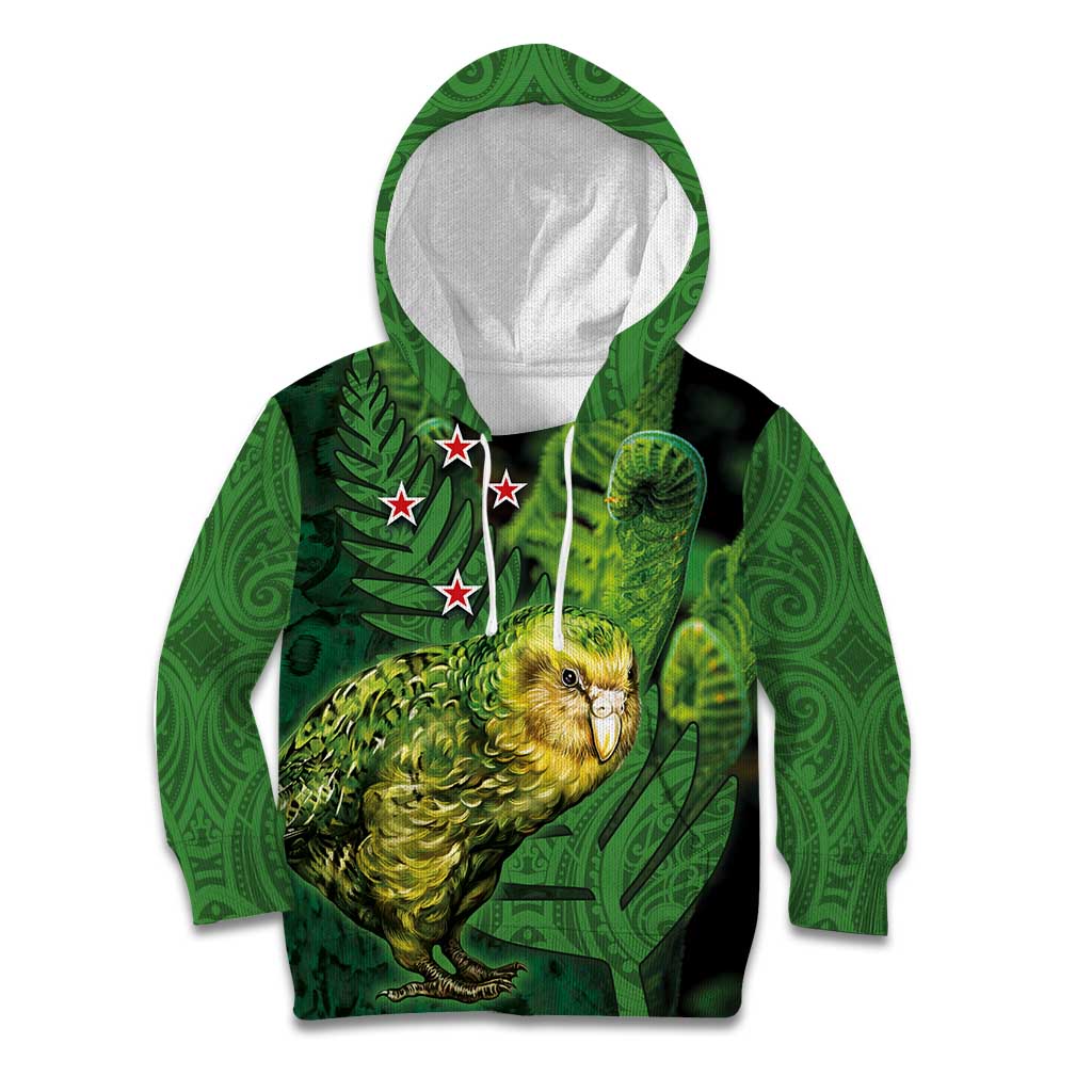 New Zealand Kkp Kid Hoodie Silver Fern with Close up of Green Fern Leaves and Maori Tattoo LT03 Hoodie Green - Polynesian Pride