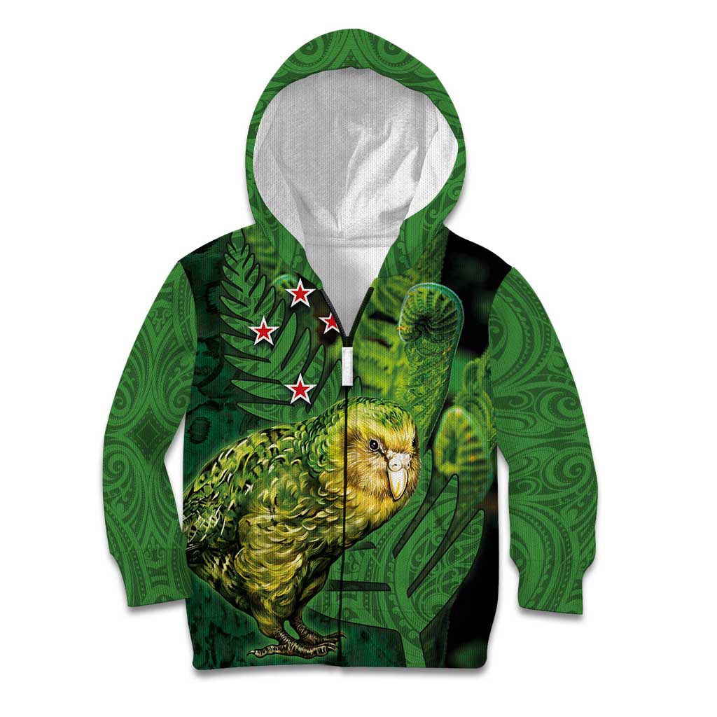 New Zealand Kkp Kid Hoodie Silver Fern with Close up of Green Fern Leaves and Maori Tattoo LT03 Zip Hoodie Green - Polynesian Pride