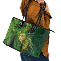 New Zealand Kkp Leather Tote Bag Silver Fern with Close up of Green Fern Leaves and Maori Tattoo LT03 - Polynesian Pride