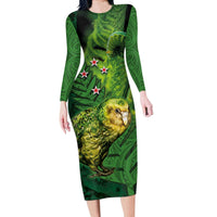 New Zealand Kkp Long Sleeve Bodycon Dress Silver Fern with Close up of Green Fern Leaves and Maori Tattoo LT03 Long Dress Green - Polynesian Pride