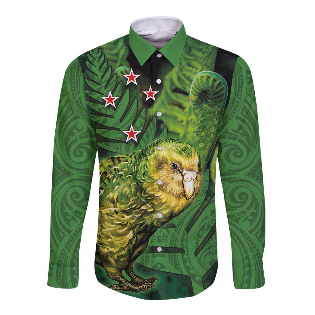 New Zealand Kkp Long Sleeve Button Shirt Silver Fern with Close up of Green Fern Leaves and Maori Tattoo LT03 Unisex Green - Polynesian Pride