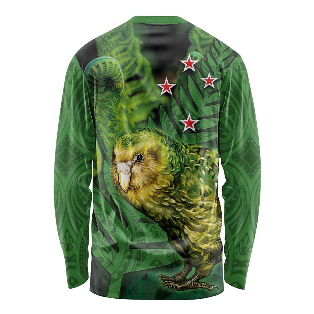 New Zealand Kkp Long Sleeve Shirt Silver Fern with Close up of Green Fern Leaves and Maori Tattoo LT03 - Polynesian Pride