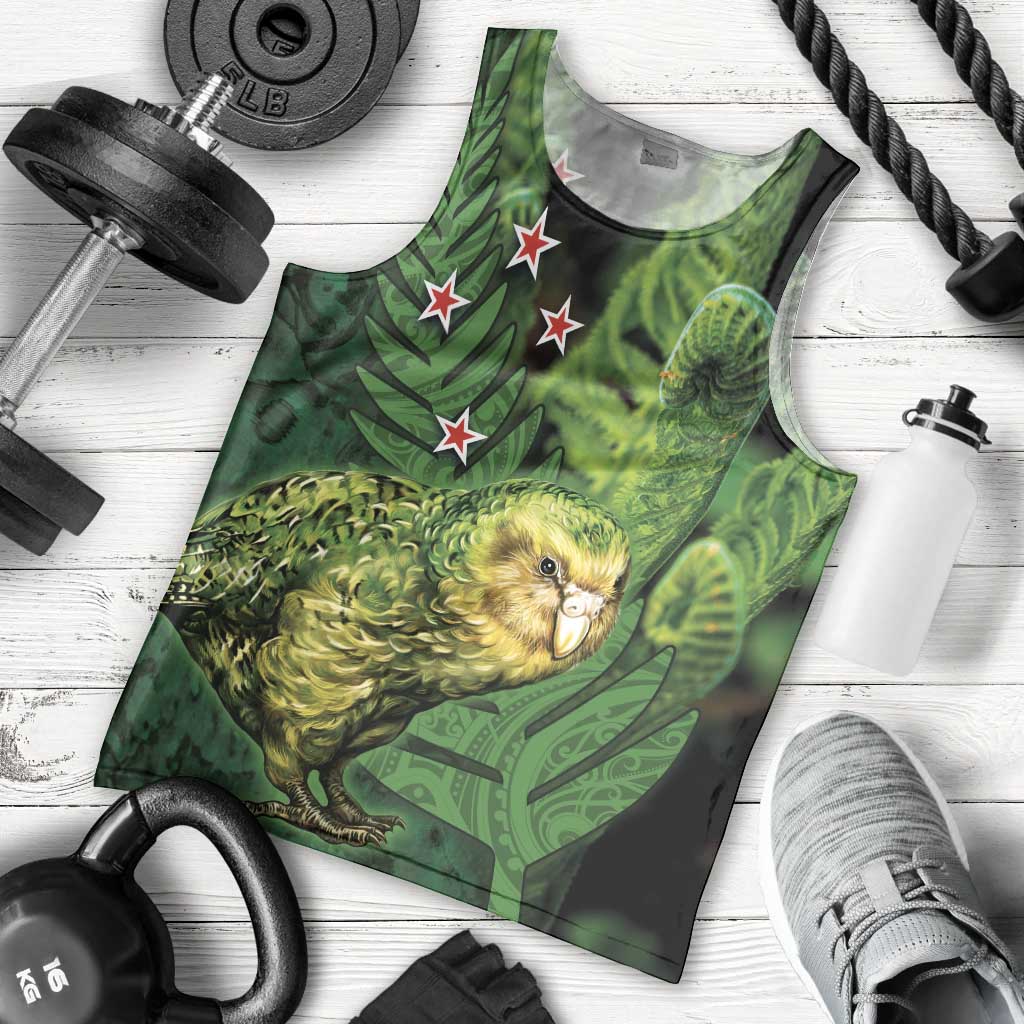 New Zealand Kkp Men Tank Top Silver Fern with Close up of Green Fern Leaves and Maori Tattoo LT03 - Polynesian Pride