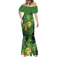 New Zealand Kkp Mermaid Dress Silver Fern with Close up of Green Fern Leaves and Maori Tattoo LT03 - Polynesian Pride