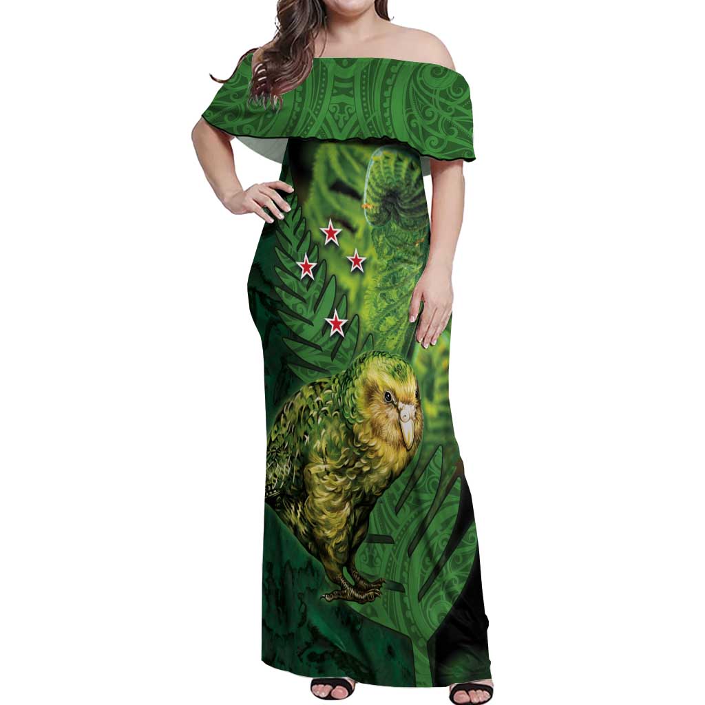 New Zealand Kkp Off Shoulder Maxi Dress Silver Fern with Close up of Green Fern Leaves and Maori Tattoo LT03 Women Green - Polynesian Pride