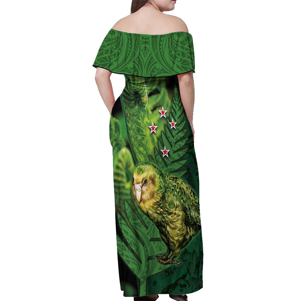 New Zealand Kkp Off Shoulder Maxi Dress Silver Fern with Close up of Green Fern Leaves and Maori Tattoo LT03 - Polynesian Pride