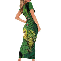 New Zealand Kkp Short Sleeve Bodycon Dress Silver Fern with Close up of Green Fern Leaves and Maori Tattoo LT03 - Polynesian Pride