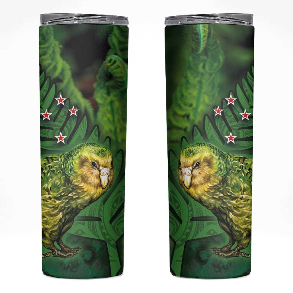 New Zealand Kkp Skinny Tumbler Silver Fern with Close up of Green Fern Leaves and Maori Tattoo LT03 Green - Polynesian Pride