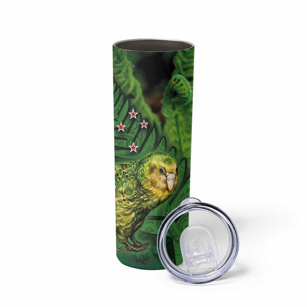 New Zealand Kkp Skinny Tumbler Silver Fern with Close up of Green Fern Leaves and Maori Tattoo LT03 - Polynesian Pride