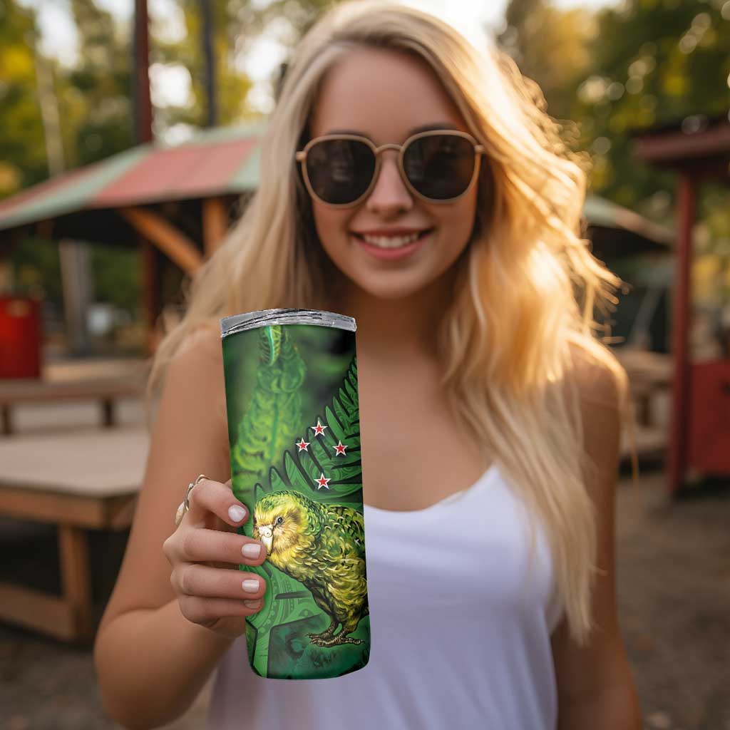New Zealand Kkp Skinny Tumbler Silver Fern with Close up of Green Fern Leaves and Maori Tattoo LT03 - Polynesian Pride