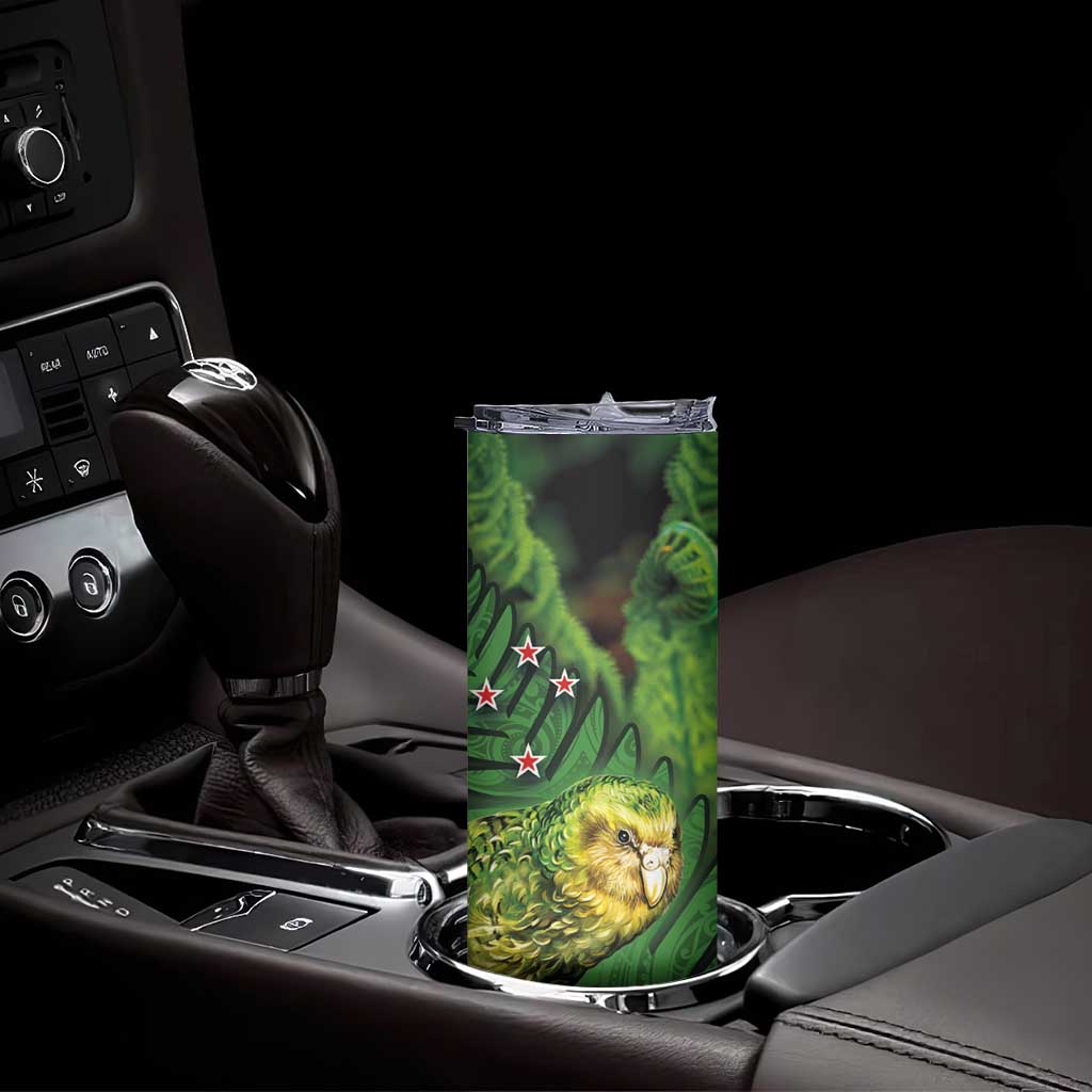 New Zealand Kkp Skinny Tumbler Silver Fern with Close up of Green Fern Leaves and Maori Tattoo LT03 - Polynesian Pride