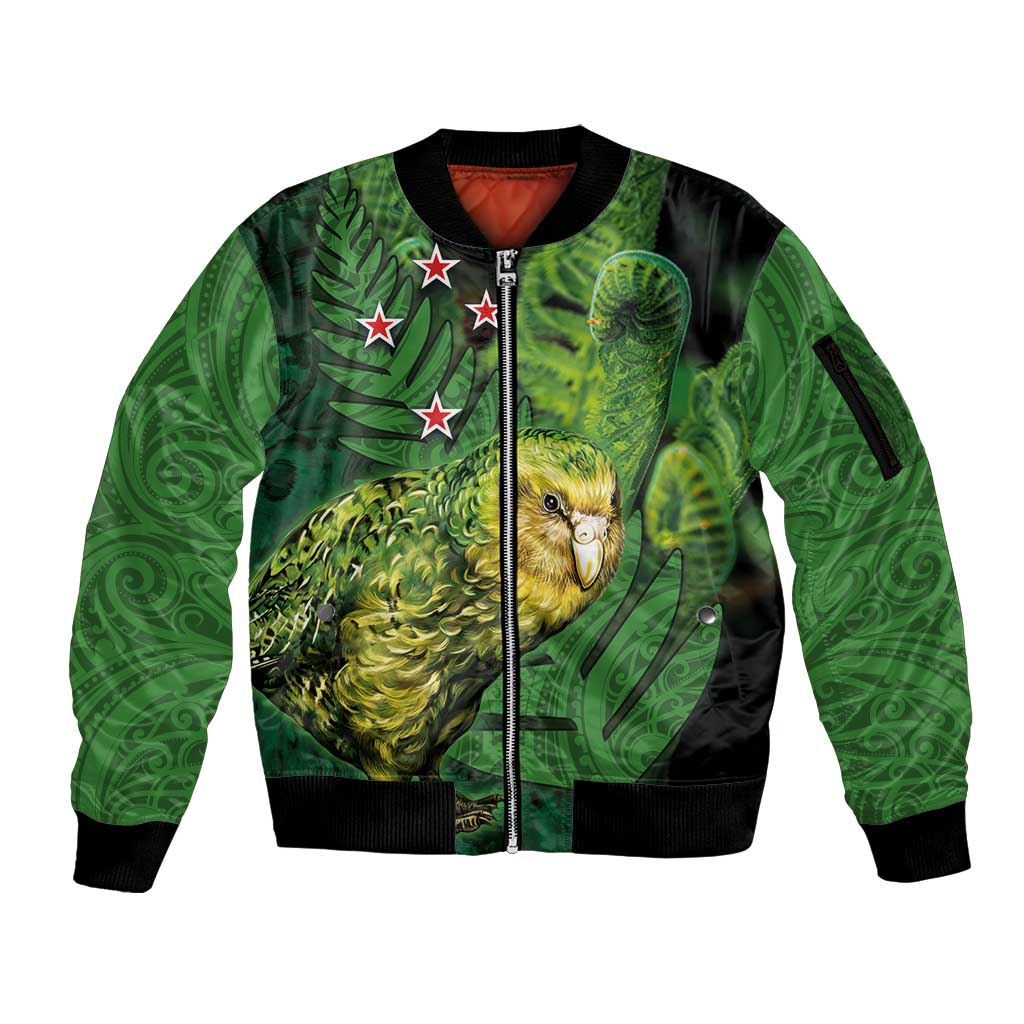 New Zealand Kkp Sleeve Zip Bomber Jacket Silver Fern with Close up of Green Fern Leaves and Maori Tattoo LT03 Unisex Green - Polynesian Pride