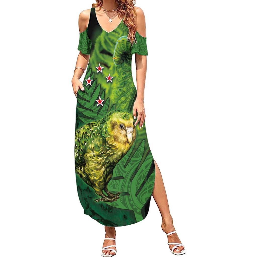 New Zealand Kkp Summer Maxi Dress Silver Fern with Close up of Green Fern Leaves and Maori Tattoo LT03 Women Green - Polynesian Pride