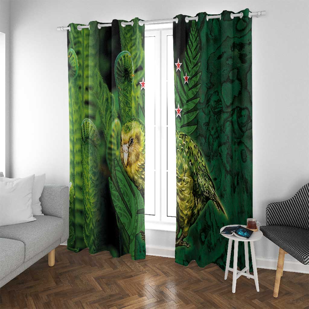 New Zealand Kkp Window Curtain Silver Fern with Close up of Green Fern Leaves and Maori Tattoo LT03 With Grommets Green - Polynesian Pride