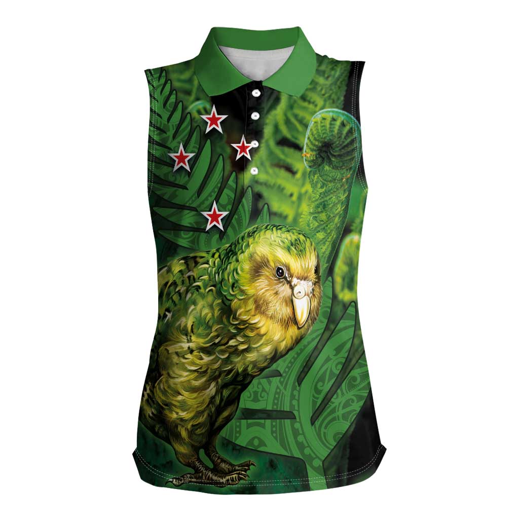 New Zealand Kkp Women Sleeveless Polo Shirt Silver Fern with Close up of Green Fern Leaves and Maori Tattoo LT03 Female Green - Polynesian Pride